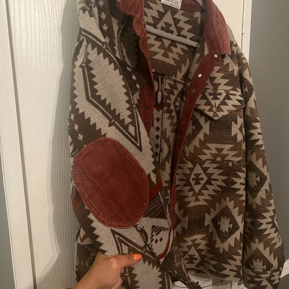 Women’s Aztec Pattern Jacket - Brown and Red - Picture 3 of 4